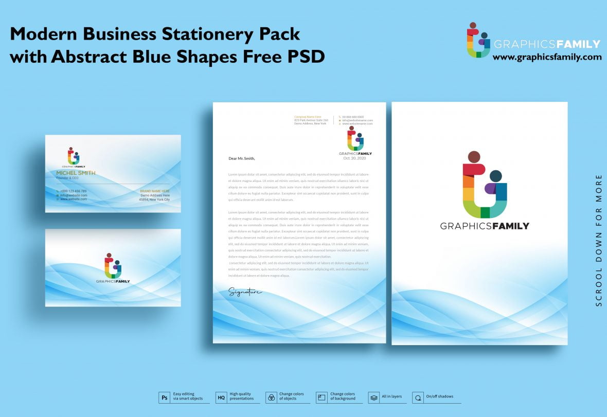 💙☄️ Modern Business Stationery Pack with Abstract Blue Shapes Free Psd 2