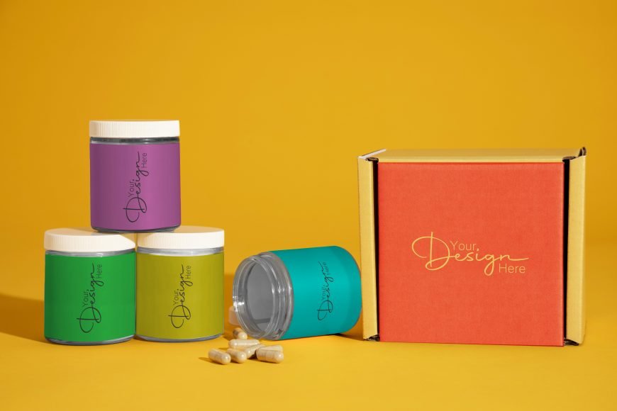 Medicine jar set with box design mockup free