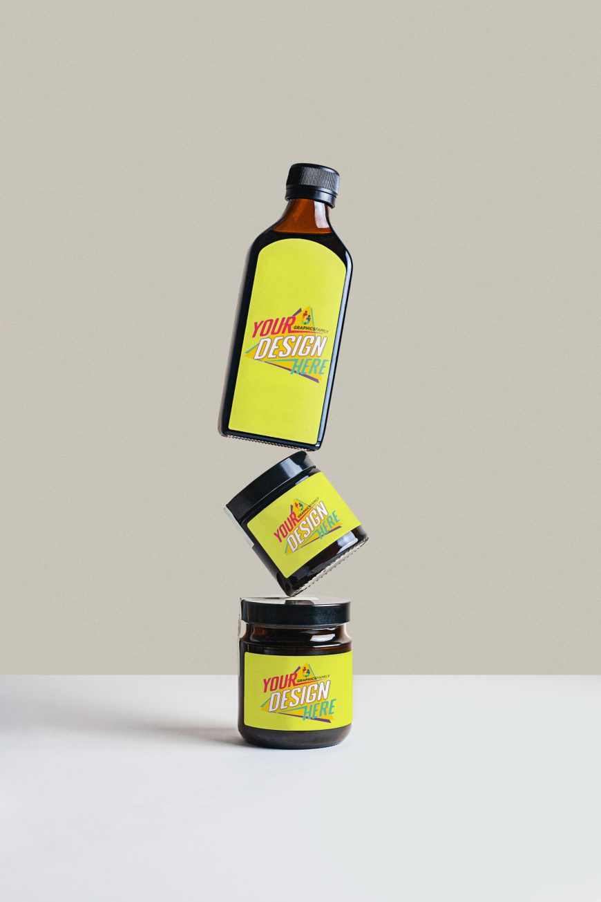 Balancing Bottle and Jars Label Mockup free