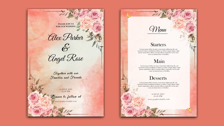 Romantic watercolor wedding invitation and menu template