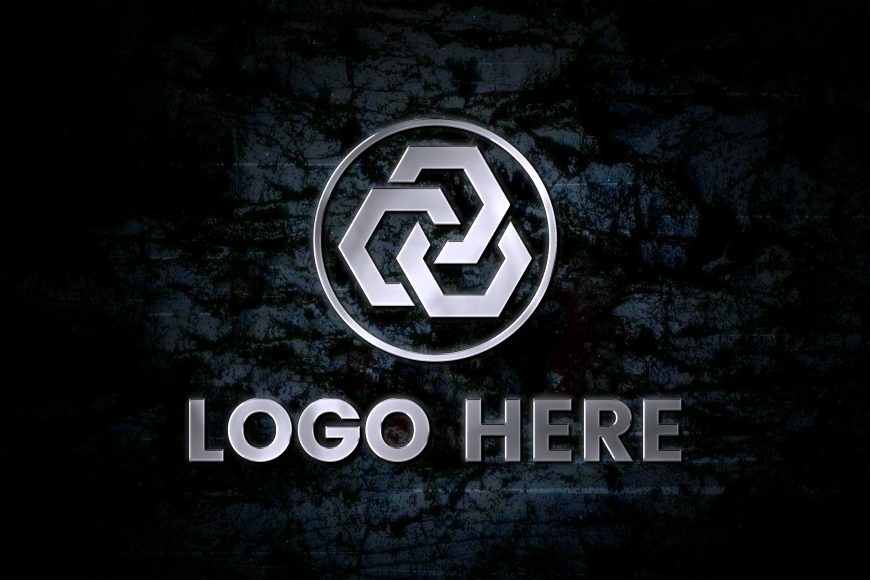 Silver Metallic Logo Mockup On Dark Wall